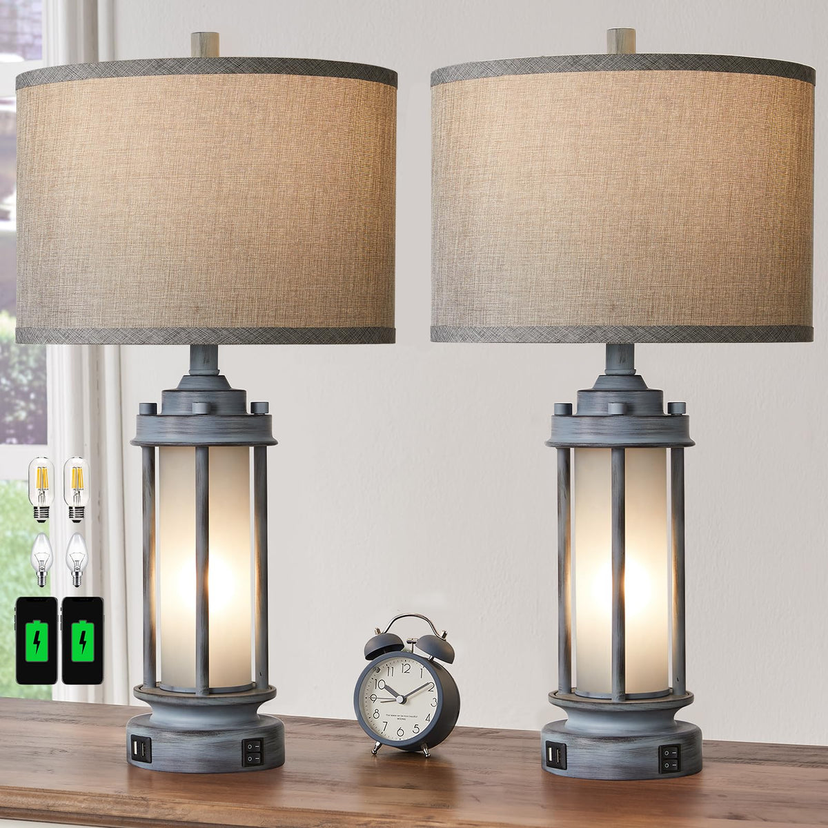 AIEAMPDO 25'' Set of 2 Farmhouse Table Lamps for Living Room with USB C+A