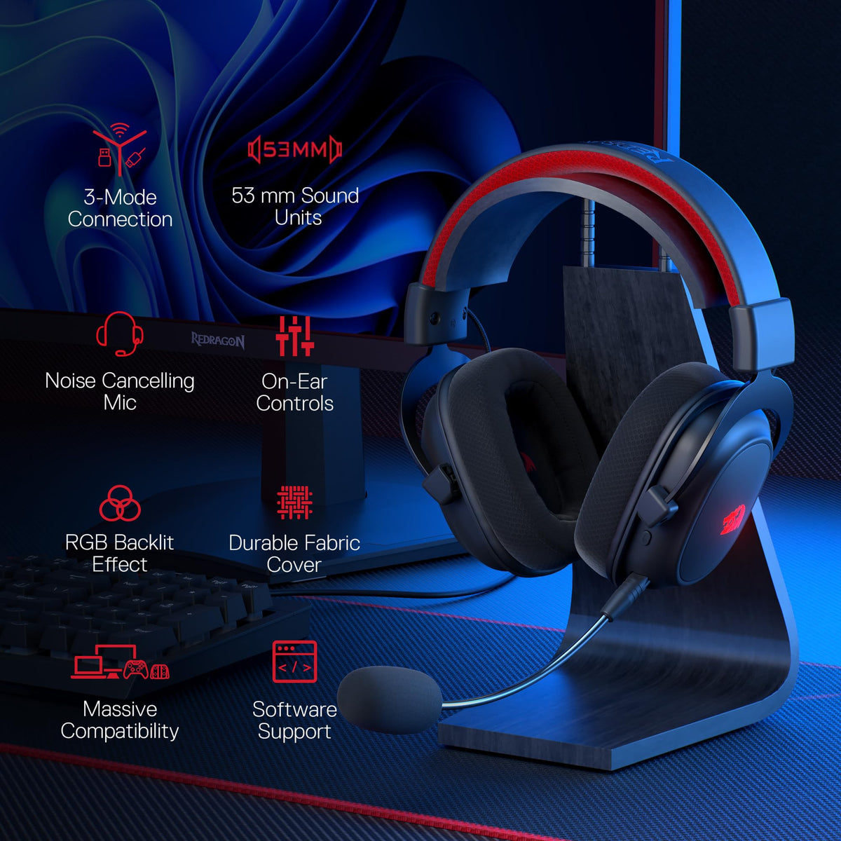 Redragon H510 Zeus Wired Gaming Headset - 7.1 Surround Sound - Memory Foam Ear Pads - 53MM Drivers - Detachable Microphone, Works for Multi-Platforms PC, PS4/3 & Xbox One/Series X, NS