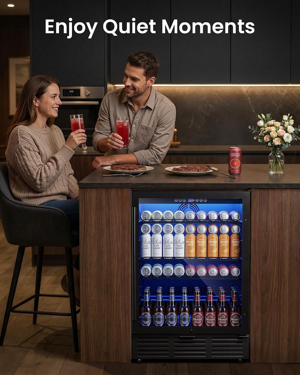24 Inch Beverage Refrigerator 180 Cans | Under Counter Glass Door