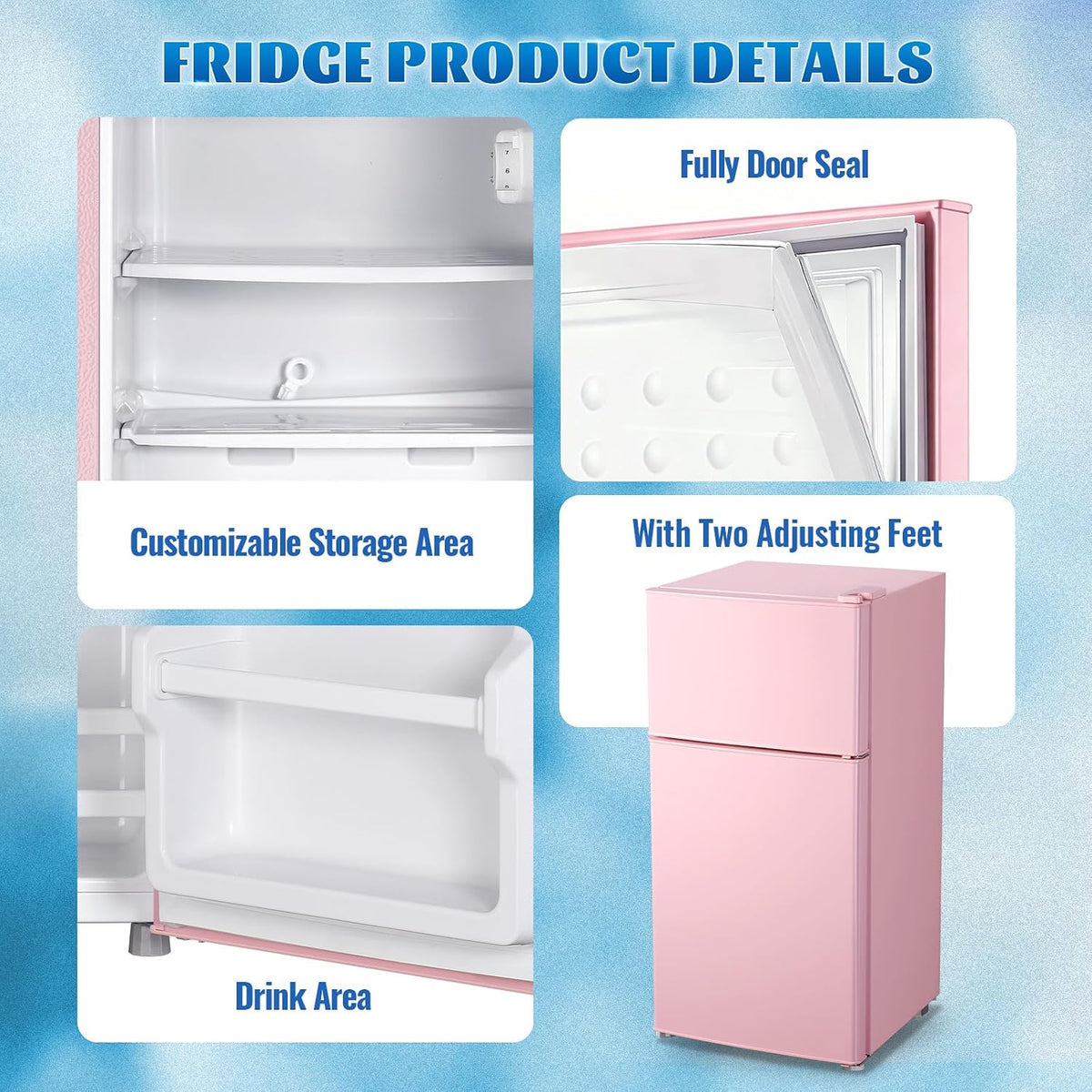 45L Personal Double‑Door Mini Fridge With Freezer, Pink