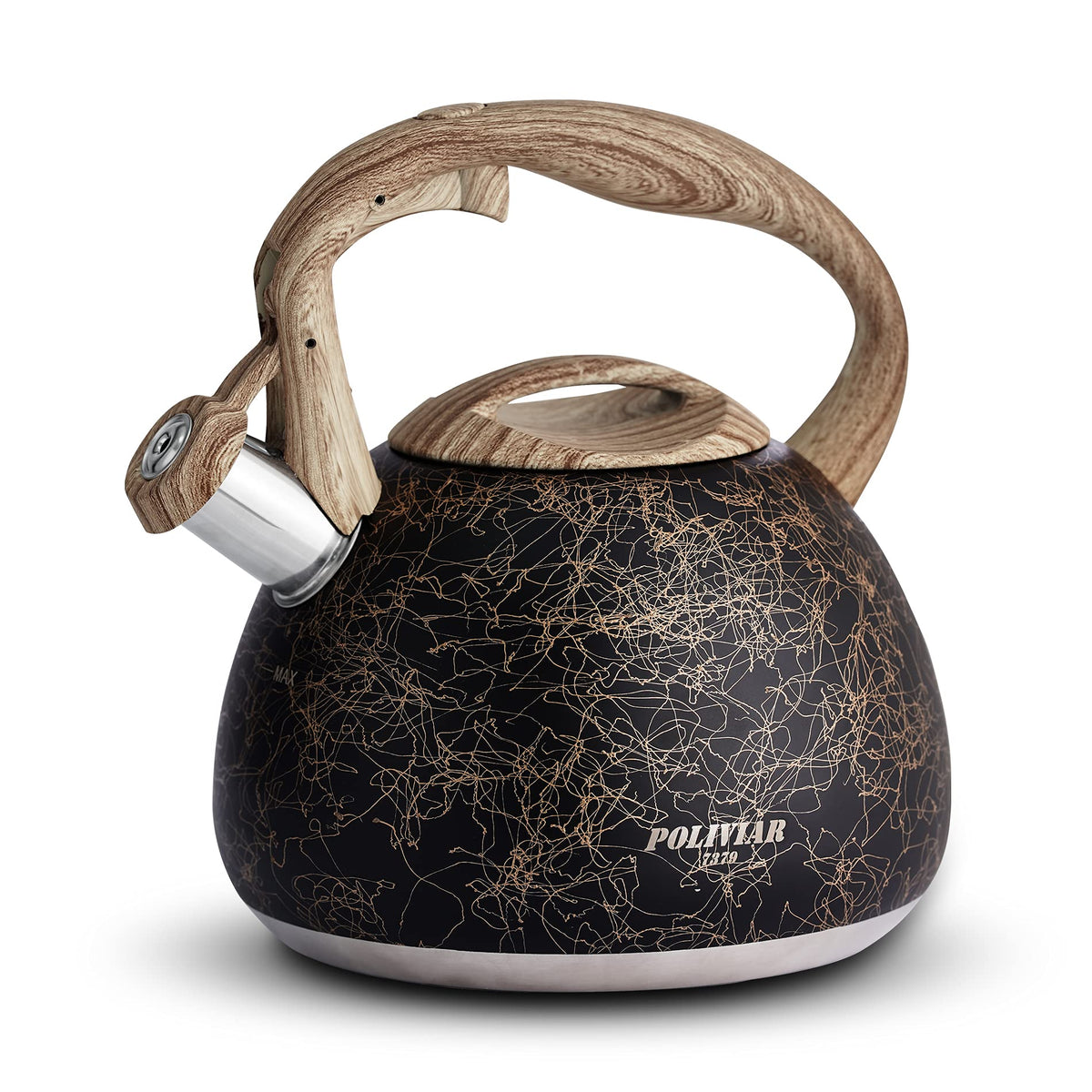 POLIVIAR Tea Kettle, 2.7 Quart Natural Stone Finish with Wood Pattern Handle Loud Whistle Food Grade Stainless Steel Teapot, Anti-Hot Handle and Anti-Rust, Suitable for All Heat Sources (JX2018-GR20)