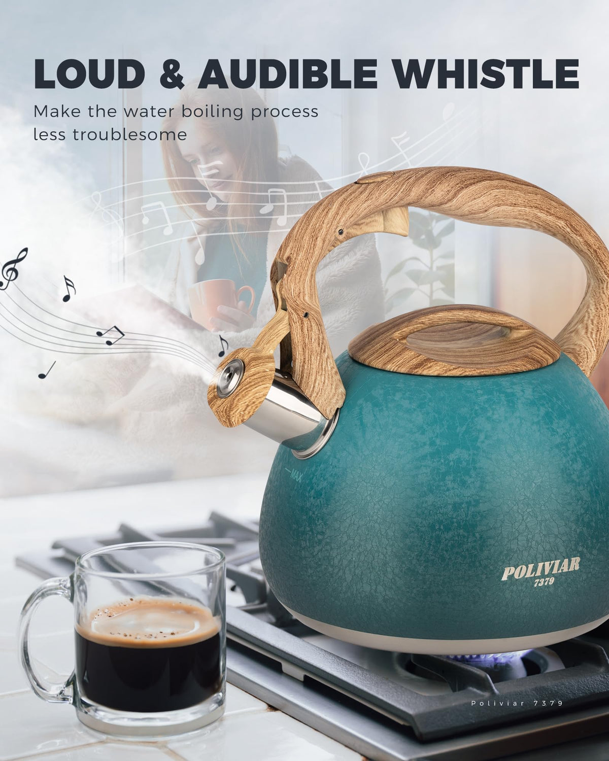 POLIVIAR Tea Kettle, 2.7 Quart Natural Stone Finish with Wood Pattern Handle Loud Whistle Food Grade Stainless Steel Teapot, Anti-Hot Handle and Anti-Rust, Suitable for All Heat Sources (JX2018-GR20)