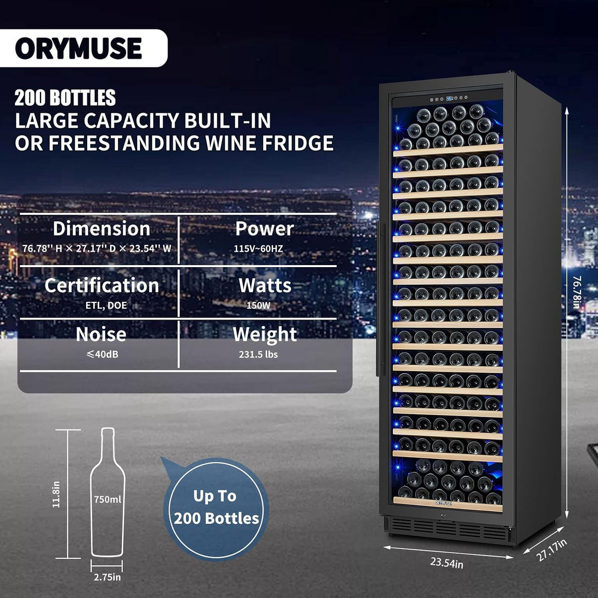 200 Bottle Upgrade Wine Cooler Refrigerator - 24 Inch Large Capacity Wine Fridge Built-In Freestanding, with Quiet Compressor, Professional Temperature Control & Wine Cellar - Black