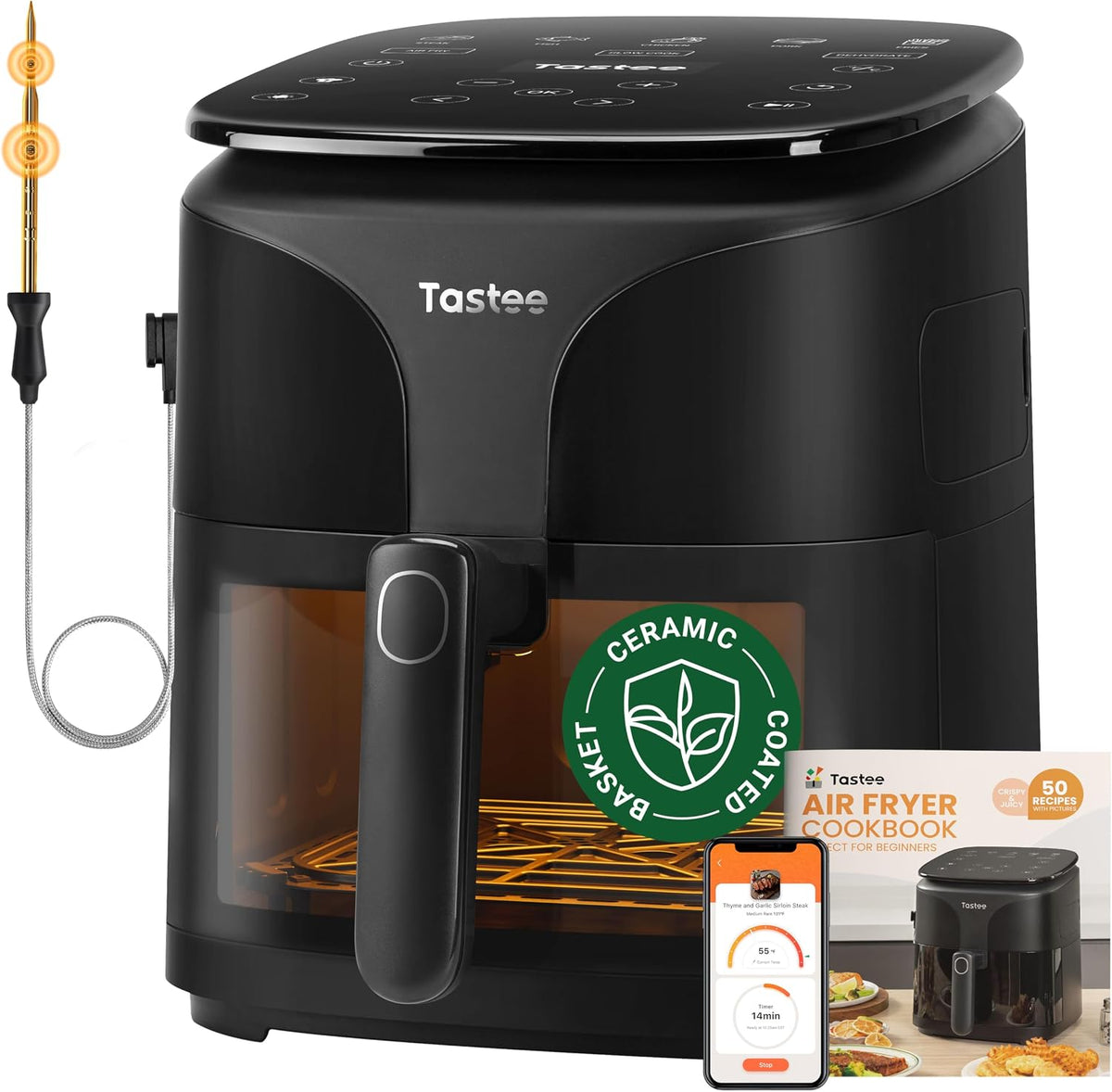 Tastee Ceramic Air Fryer, 8-in-1 Compact 5.5QT AirFryers, 450°F Digital Airfryer Dehydrator with Smart Probe, 24 Presets One-touch Cooking, In-app Recipes with Window, Dishwasher-safe & Non-stick