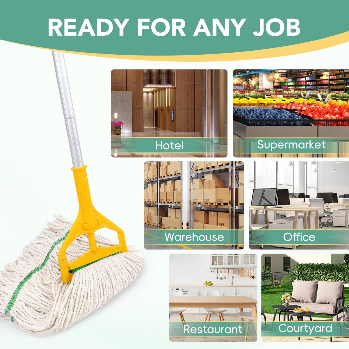 6 Pack Commercial Mop Head Replacement – Heavy Duty Mop Head for General and Floor Cleaning | Industrial Wet Mops | Washable Refill, Reusable, Looped End Mopheads | Hardwood, Concrete