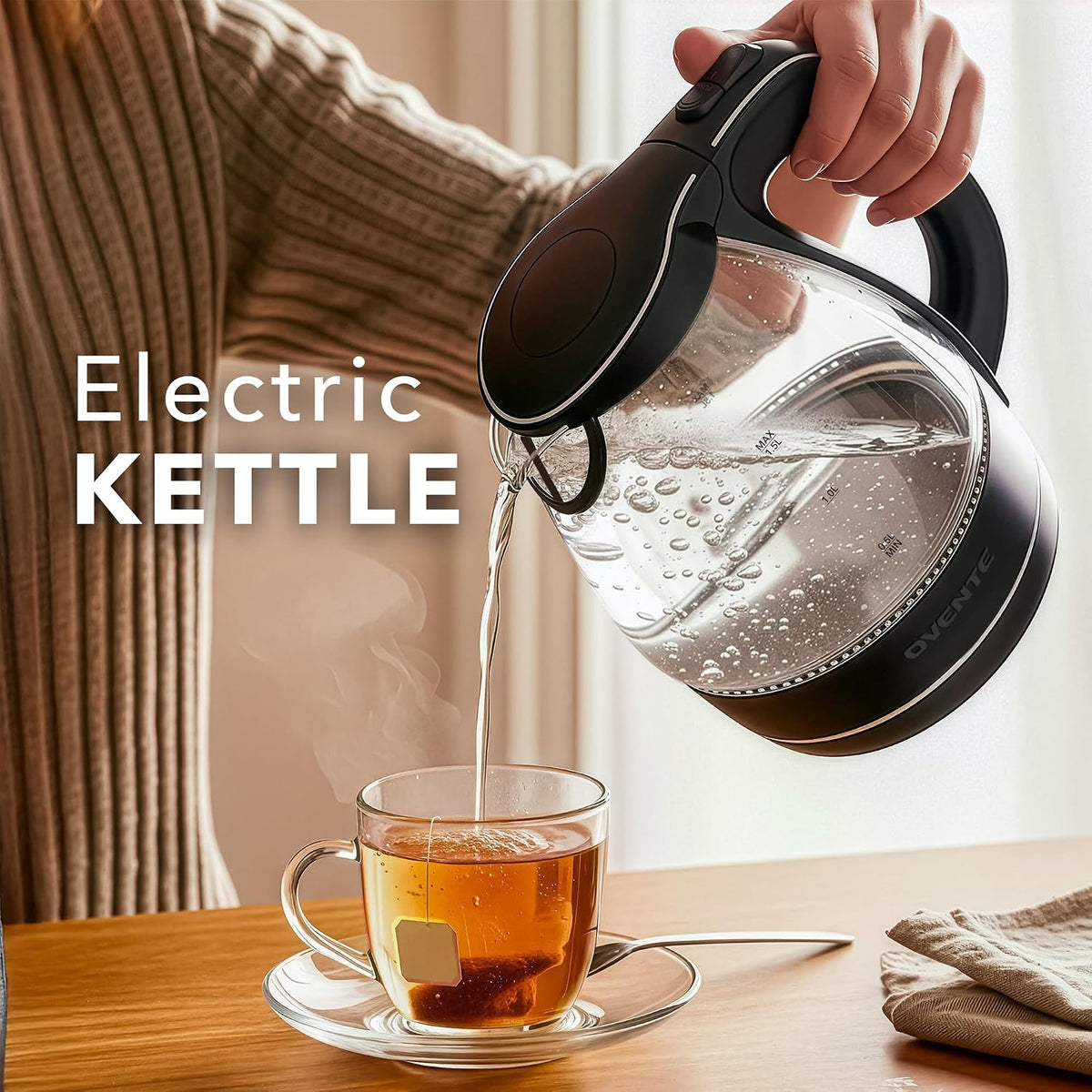 OVENTE 1.5L Glass Electric Kettle Water Boiler, Black KG83B