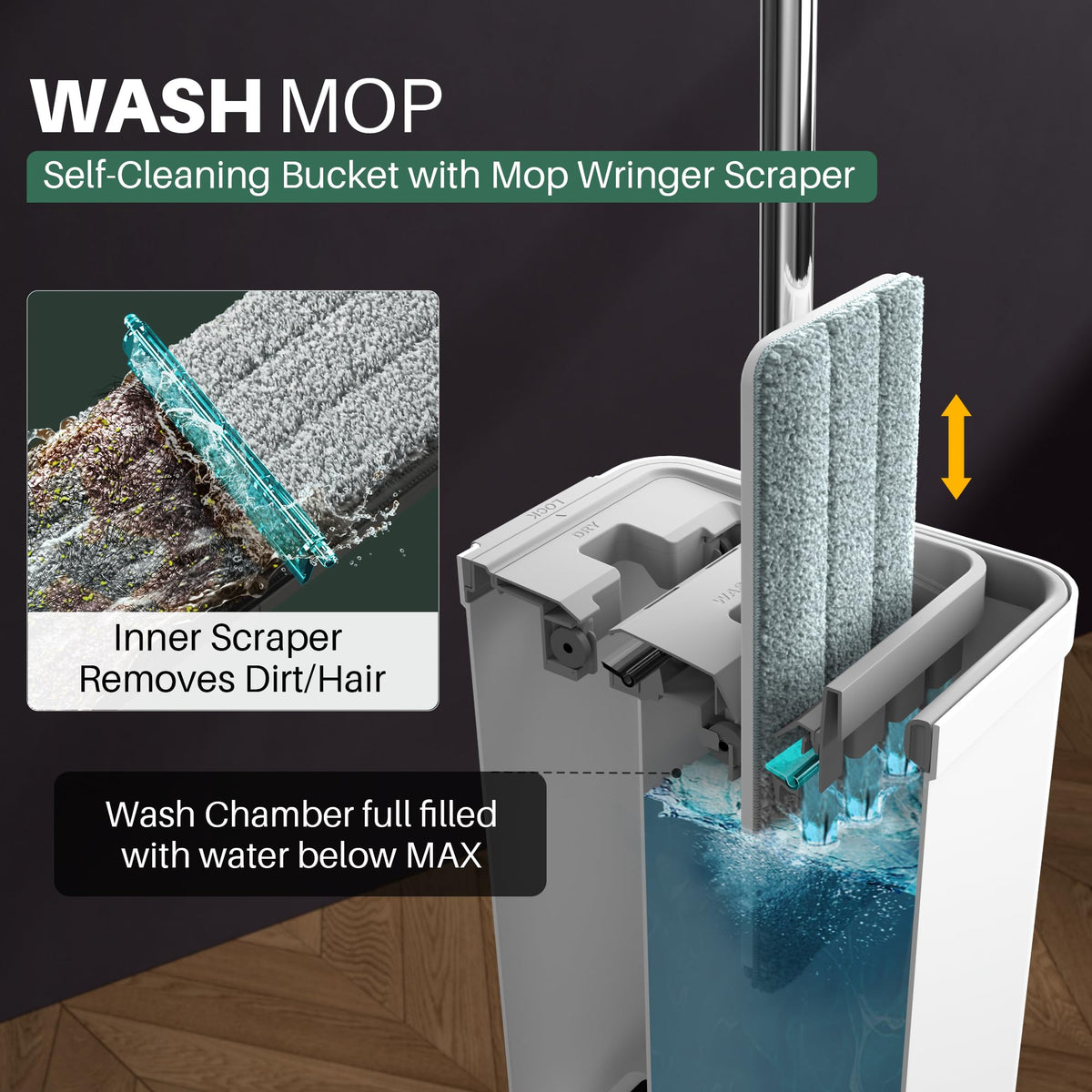 JOYMOOP Flat Mop System, Microfiber Mop and Bucket Set, White, Commercial & Household Use, Hardwood Floor & Wall Cleaning Mop with Long Handle, 4 Microfiber Pads
