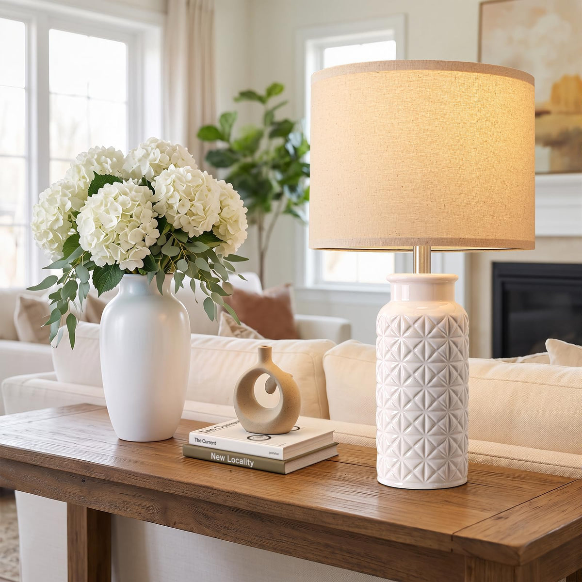 Innqoo 22.6" Modern Ceramic Bedside Lamps Set of 2, Lamps for Bedroom,White