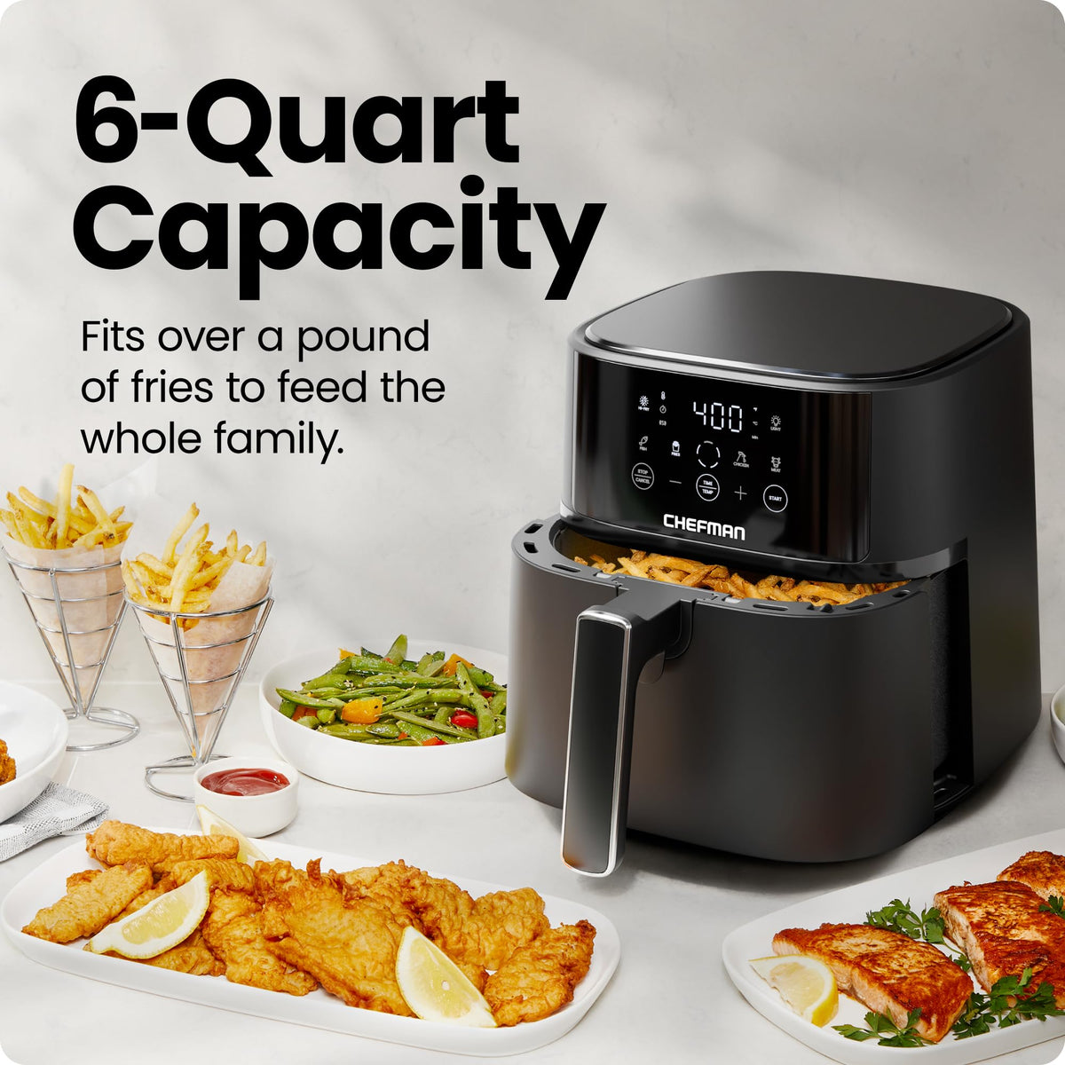 Chefman Air Fryer – 6 QT Compact Airfryer for Quick & Easy Meals, Features Hi-Fry Technology for Extra Crisp, Easy-View Window, Touch Controls with 4 Presets, Nonstick & Dishwasher Safe Basket - Black