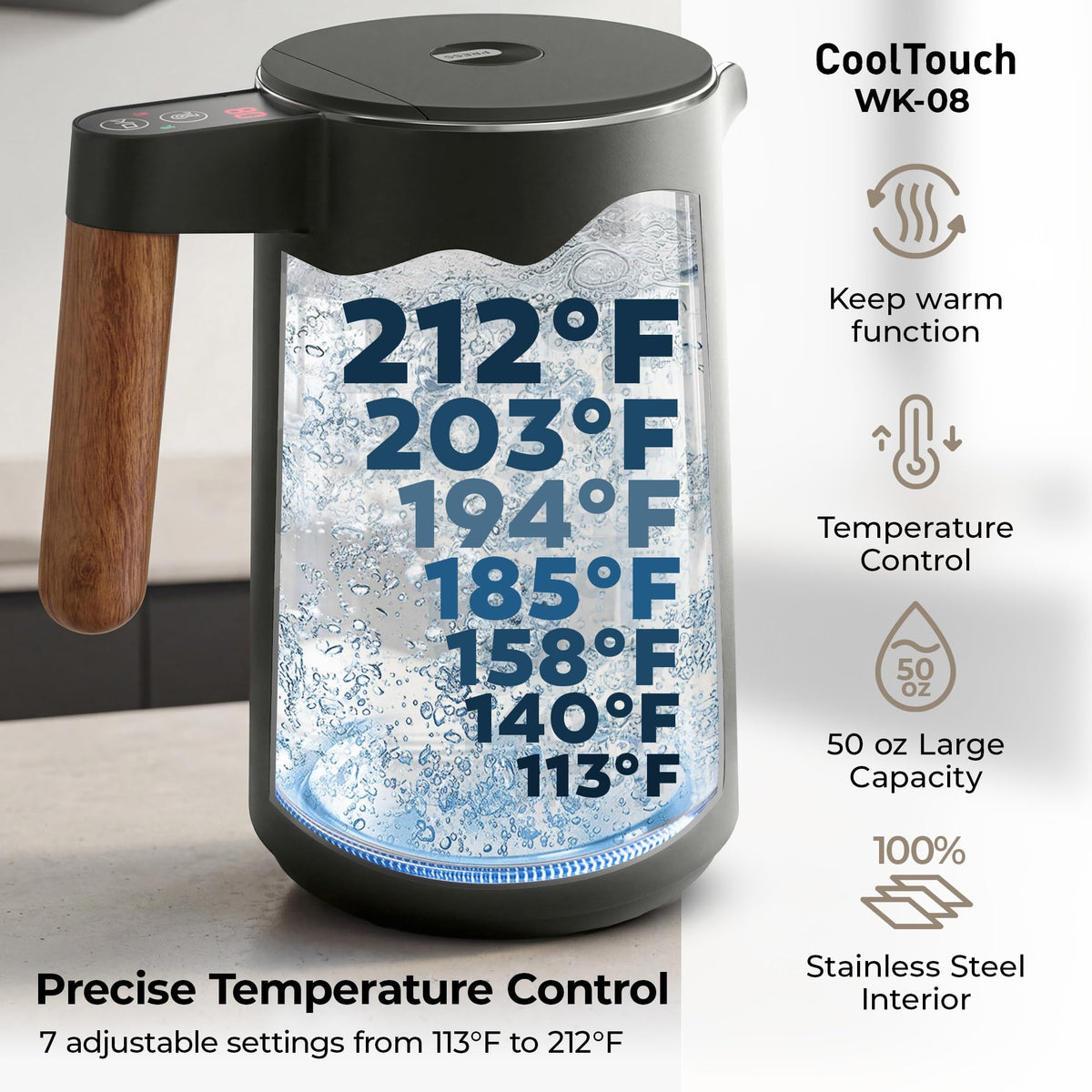 BALTER Electric Kettle with Temperature control, 113 °F – 212 °F, Tea pot, Stainless steel, double wall water kettle, BPA-free, 1.5 L, Black