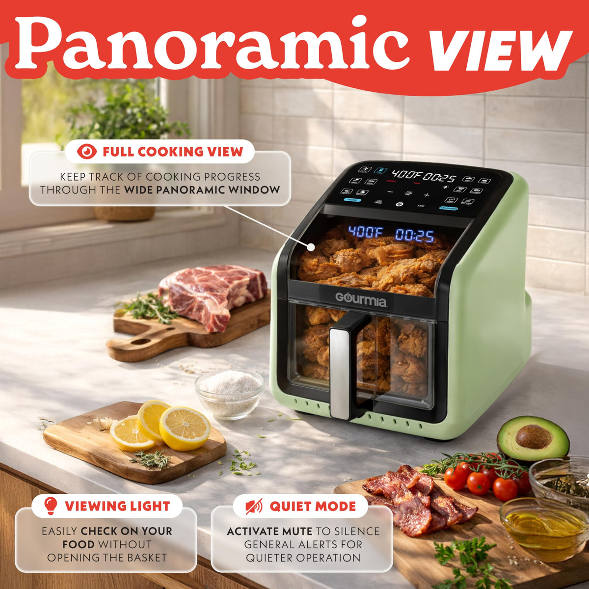 Gourmia Air Fryer - 7 Qt Basket Capacity with Panorama Window, Black