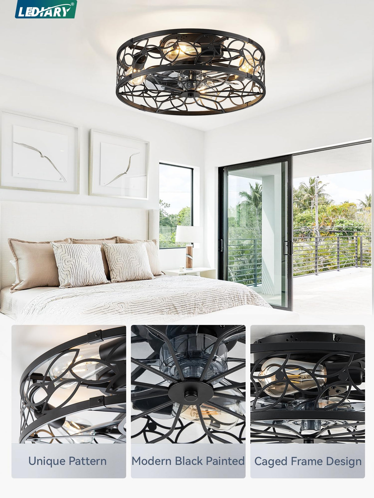 LEDIARY Caged Ceiling Fan with Light, Flush Mount Fandalier with Remote