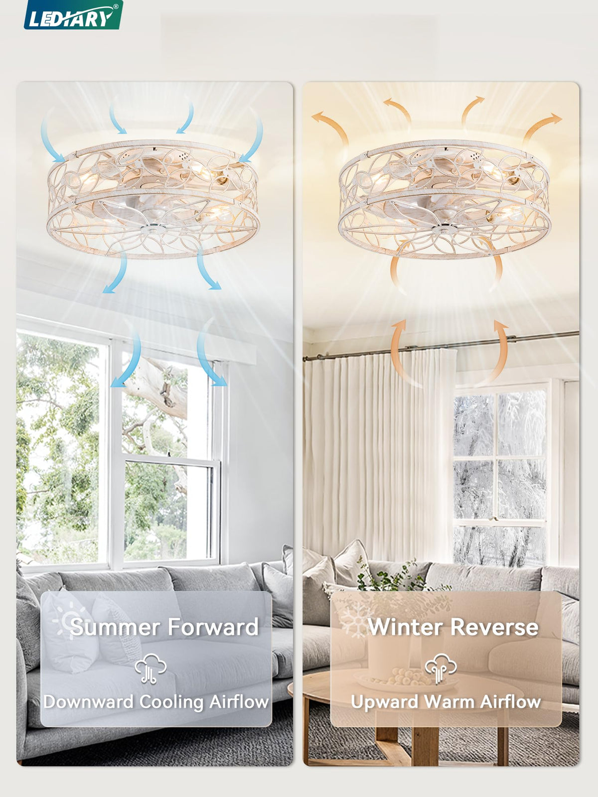 LEDIARY Caged Ceiling Fan with Light, Flush Mount Fandalier with Remote