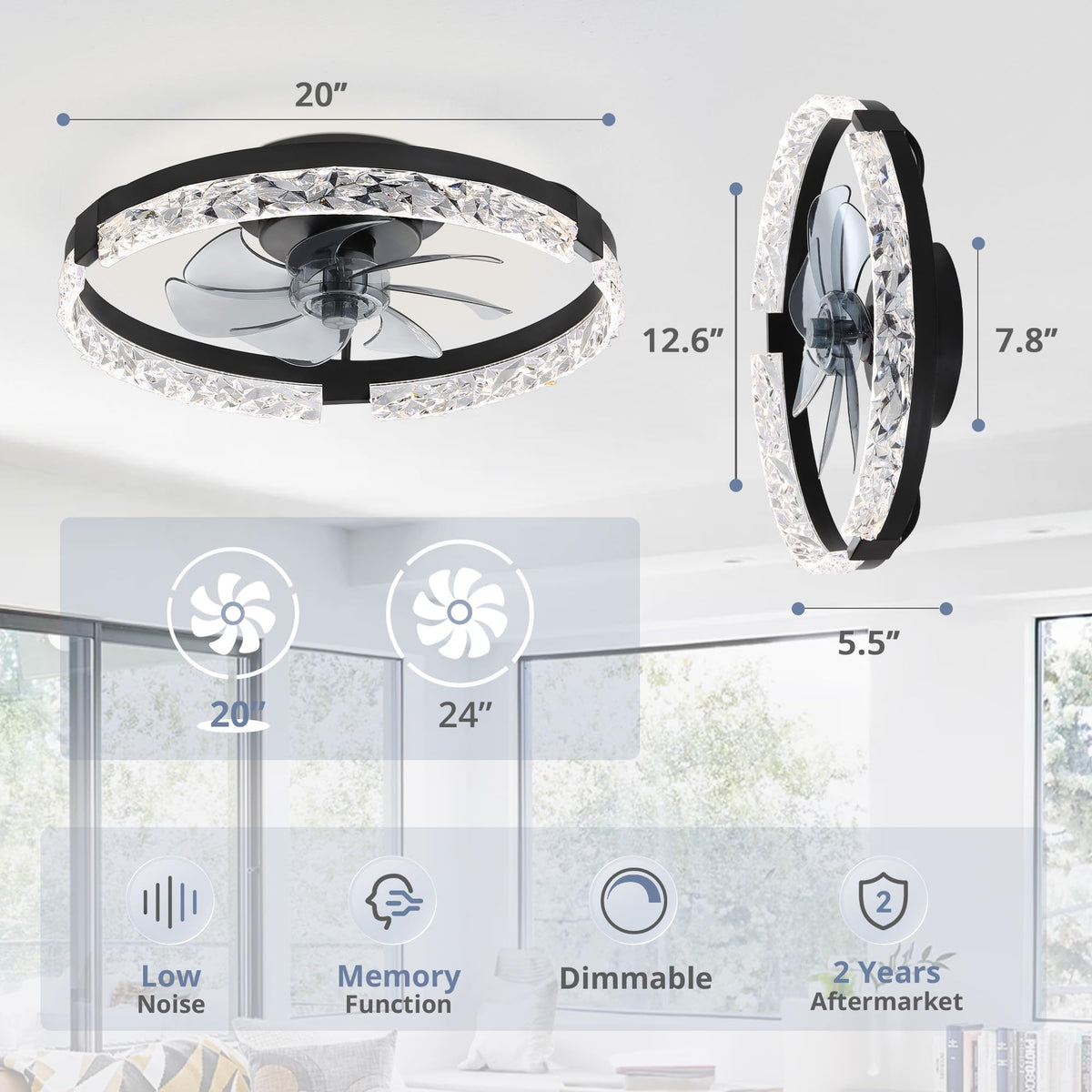 LEDIARY 20" Modern Ceiling Fans with Lights and Remote, White Fandelier