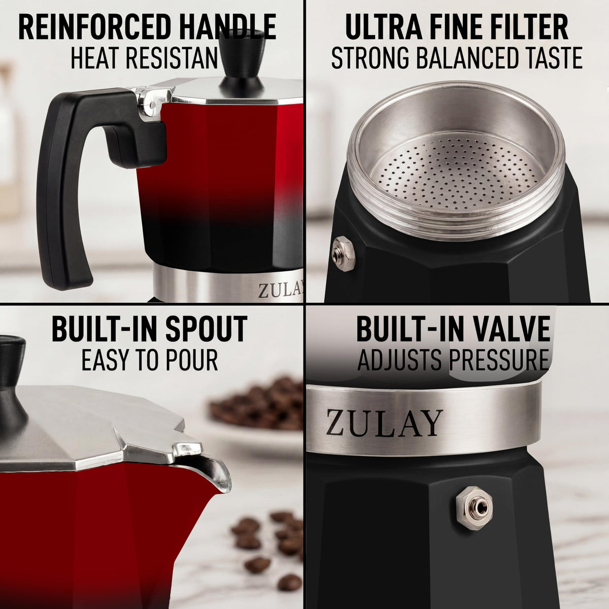 Zulay Moka Pot Espresso Stovetop Coffee Maker - Leak-Proof, Stainless Steel, Easy to Clean, Heat Resistant Handle & Knob - for Authentic Cuban & Italian Style Espresso - Makes 6 Espresso Cups - Red