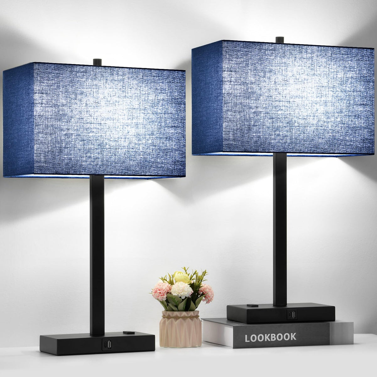 Lynnoland Set of 2 Touch Control Table Lamps with 2 USB & AC Outlet, 3-Way Dimmable Bedside Nightstand Lamps for Bedroom Living Room Nursery, 800 Lumens 5000K Daylight Bulbs Included