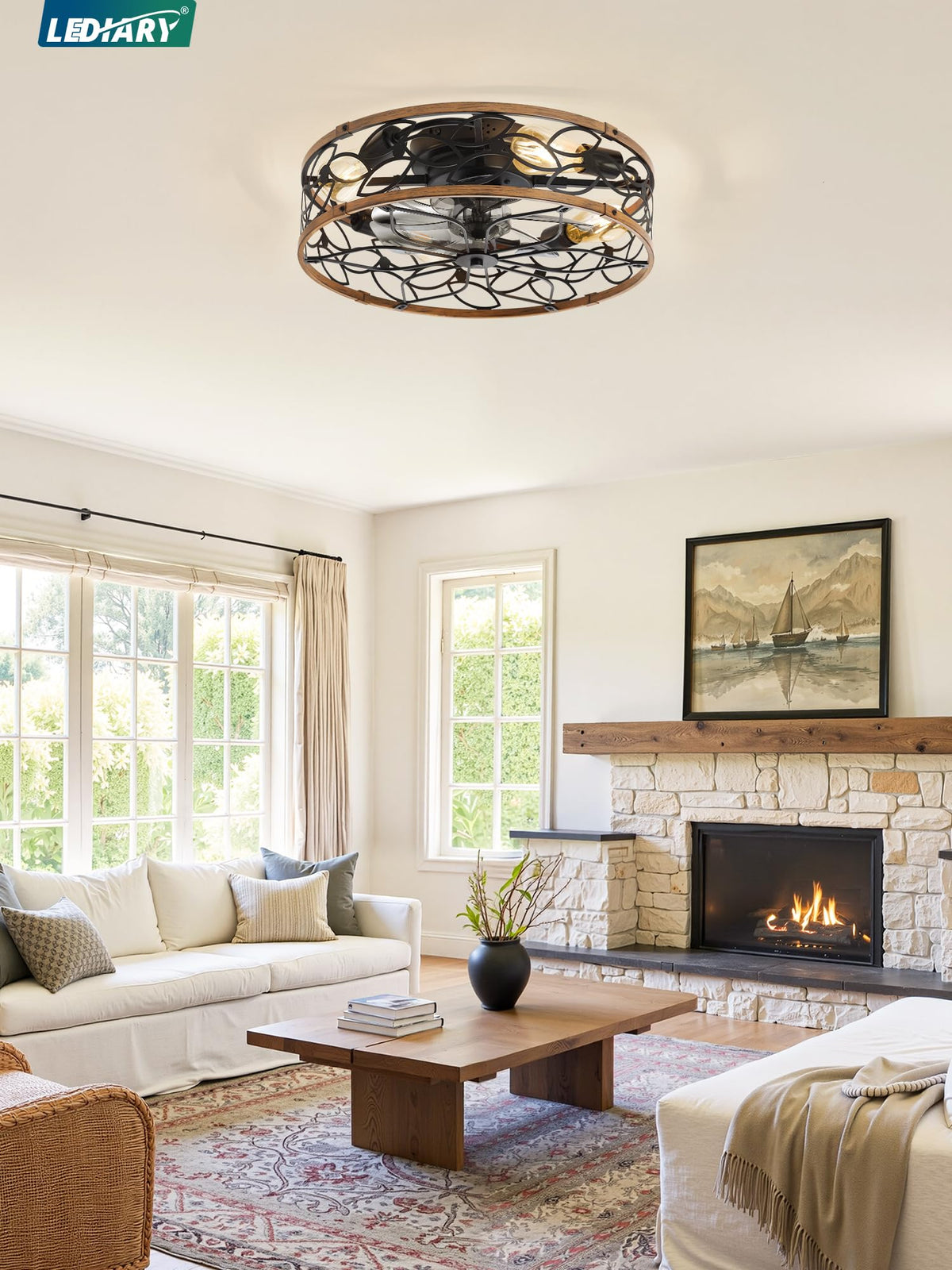 LEDIARY Caged Ceiling Fan with Light, Flush Mount Fandalier with Remote