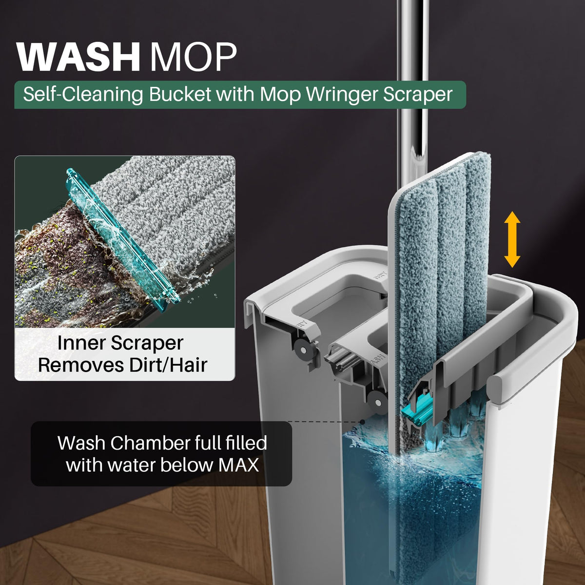 JOYMOOP Flat Mop System, Microfiber Mop and Bucket Set, White, Commercial & Household Use, Hardwood Floor & Wall Cleaning Mop with Long Handle, 4 Microfiber Pads