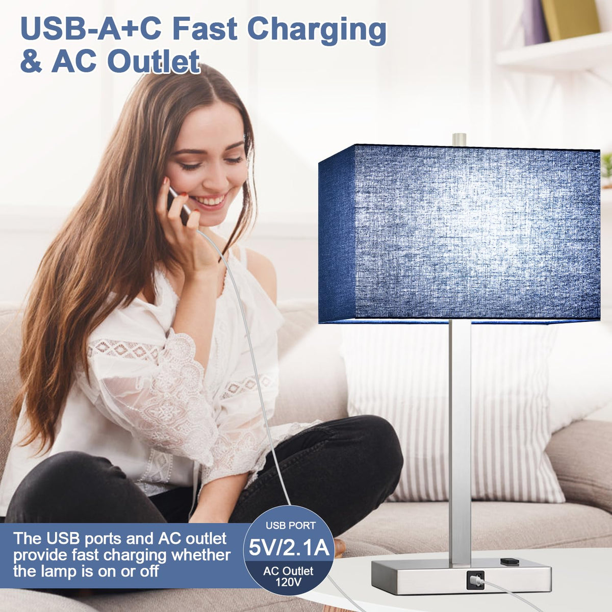 Lynnoland Set of 2 Touch Control Table Lamps with 2 USB & AC Outlet, 3-Way Dimmable Bedside Nightstand Lamps for Bedroom Living Room Nursery, 800 Lumens 5000K Daylight Bulbs Included