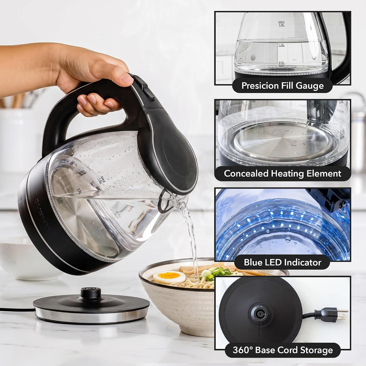 OVENTE 1.5L Glass Electric Kettle Water Boiler, Black KG83B