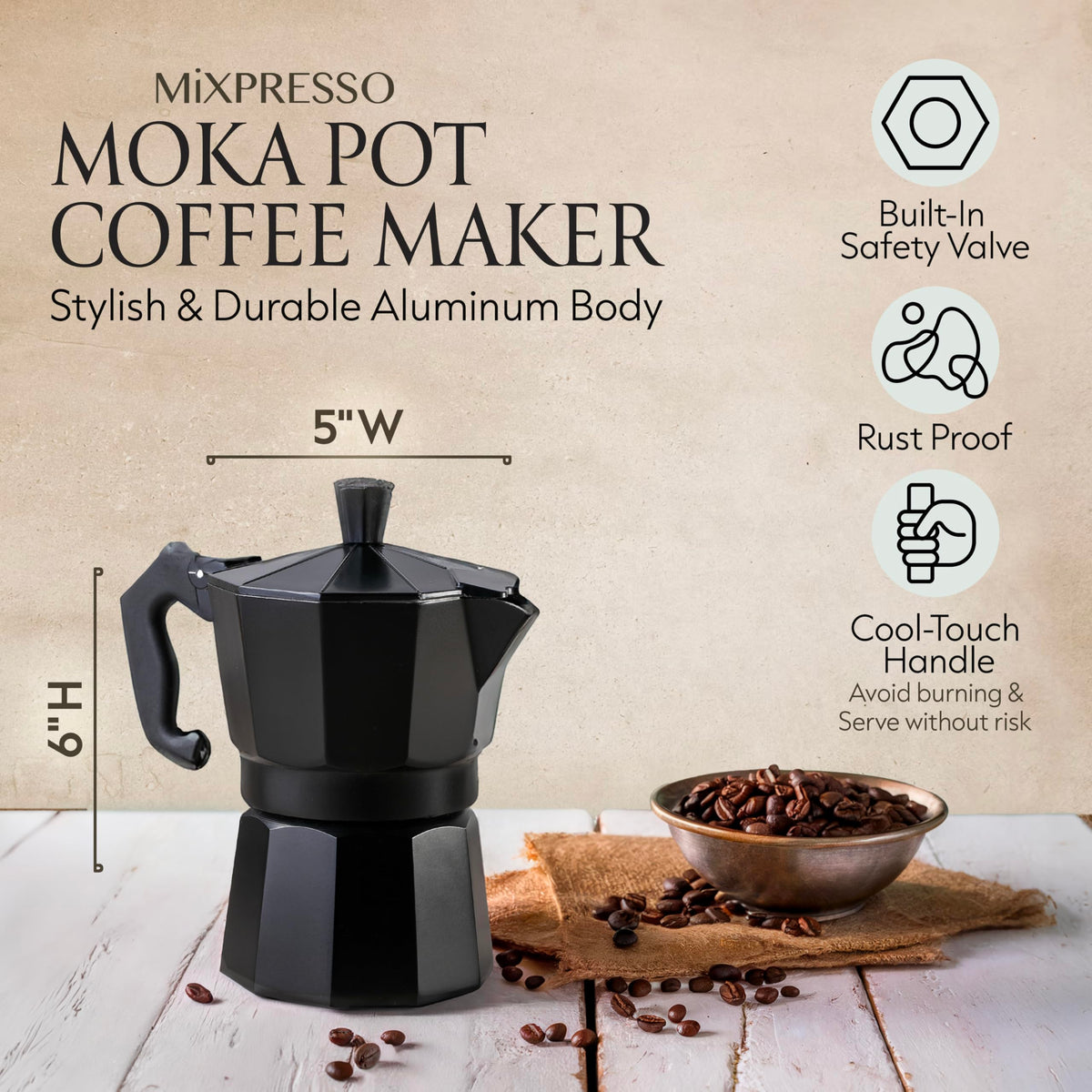 Mixpresso 3 Cup Moka Pot Stovetop Espresso Maker, Italian Cuban Coffee Pot