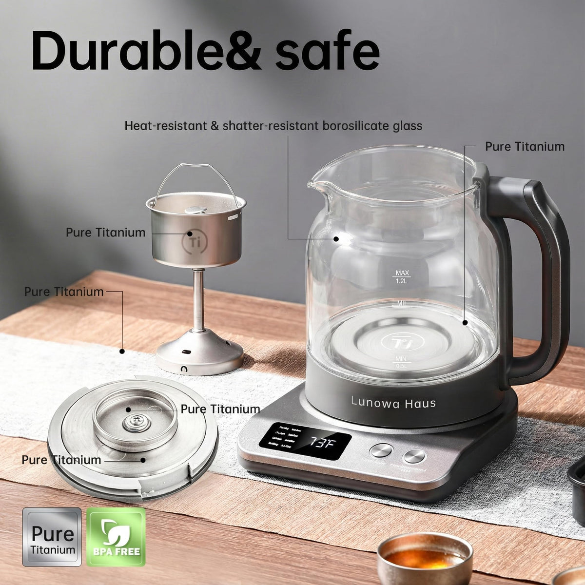 120V Titanium & Glass Electric Tea Kettle, Pro Steam Extraction for All Teas (Green, Black, Oolong), 11 Temp & 10 Strength Levels, 1.2L, 12H Keep Warm, BPA-Free, 2 Infusers