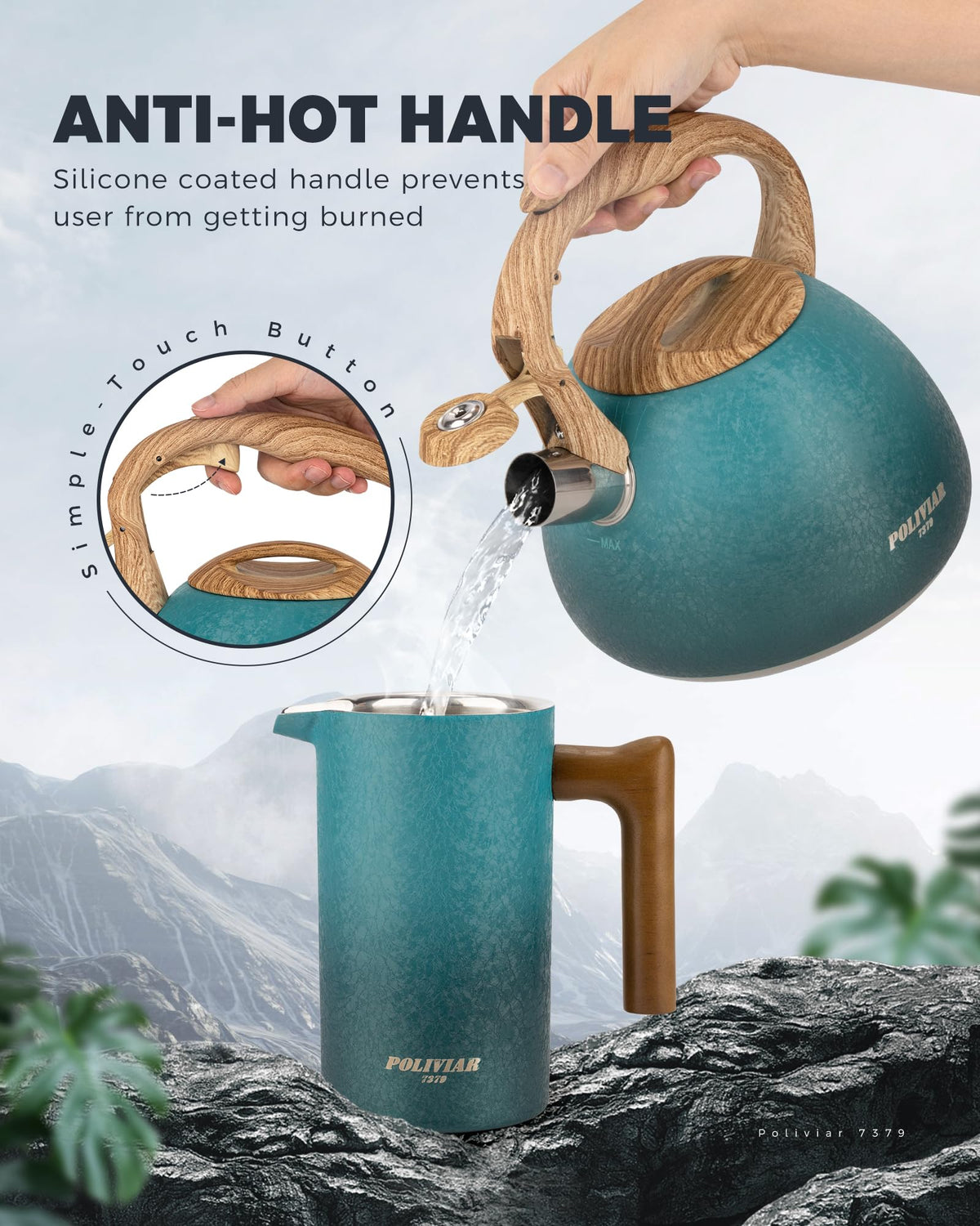 POLIVIAR Tea Kettle, 2.7 Quart Natural Stone Finish with Wood Pattern Handle Loud Whistle Food Grade Stainless Steel Teapot, Anti-Hot Handle and Anti-Rust, Suitable for All Heat Sources (JX2018-GR20)