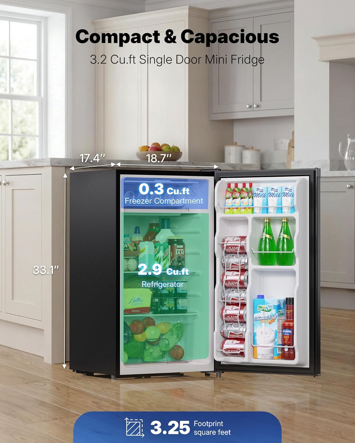 Upstreman 3.2 Cu.Ft Mini Fridge with Freezer, Black-BR321
