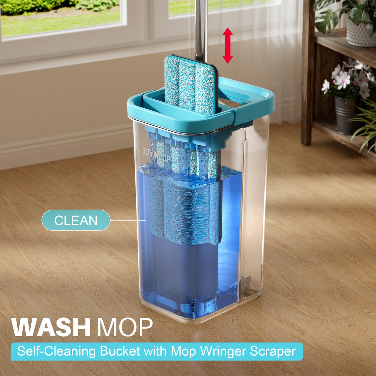 JOYMOOP Flat Mop System, Microfiber Mop and Bucket Set, White, Commercial & Household Use, Hardwood Floor & Wall Cleaning Mop with Long Handle, 4 Microfiber Pads