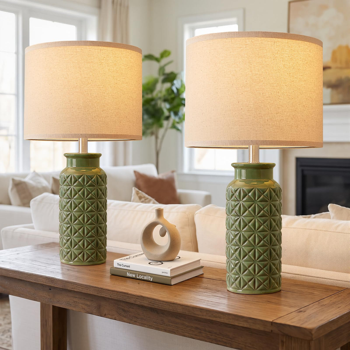 Innqoo 22.6" Modern Ceramic Bedside Lamps Set of 2, Lamps for Bedroom,White