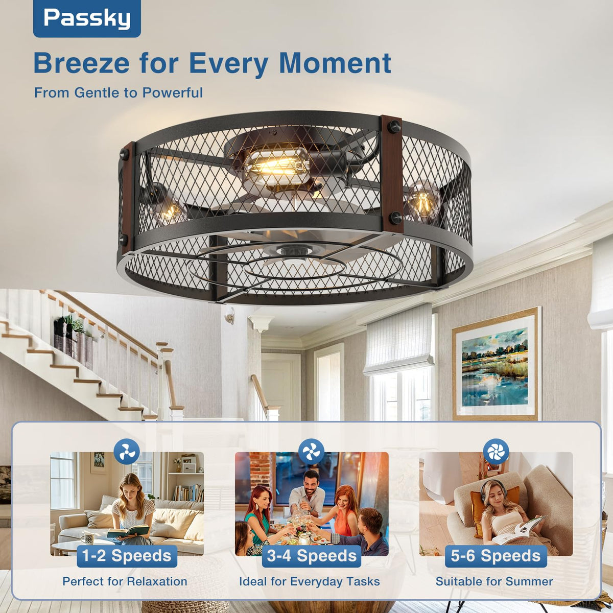 Passky 20" Caged Ceiling Fans with Lights and Remote, Low Profile Fandelier