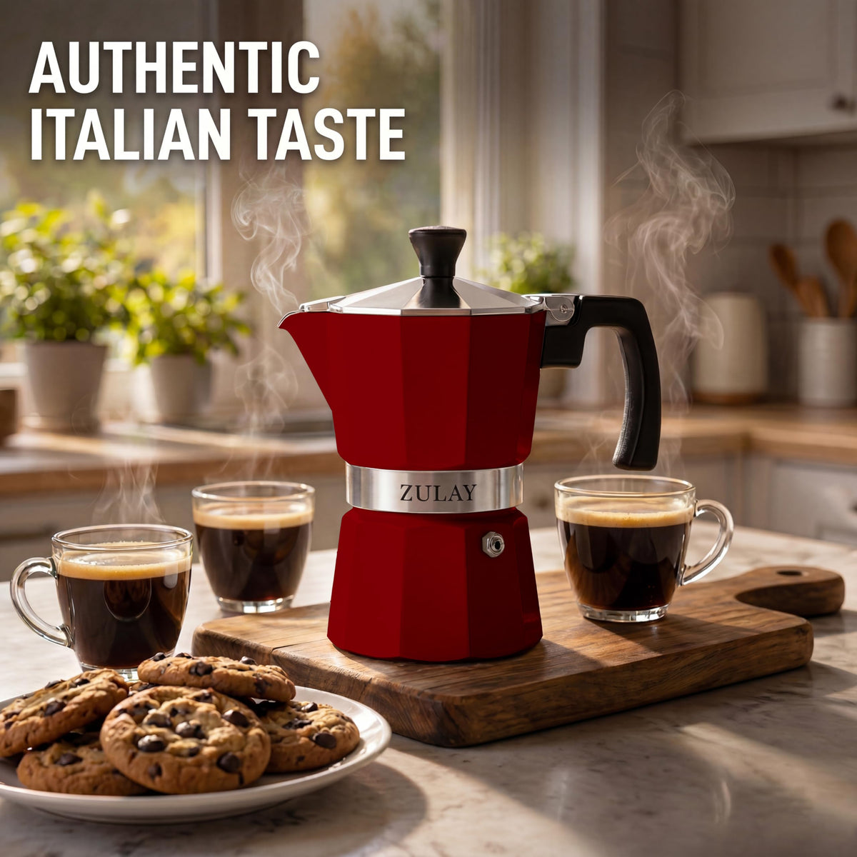 Zulay Moka Pot Espresso Stovetop Coffee Maker - Leak-Proof, Stainless Steel, Easy to Clean, Heat Resistant Handle & Knob - for Authentic Cuban & Italian Style Espresso - Makes 6 Espresso Cups - Red