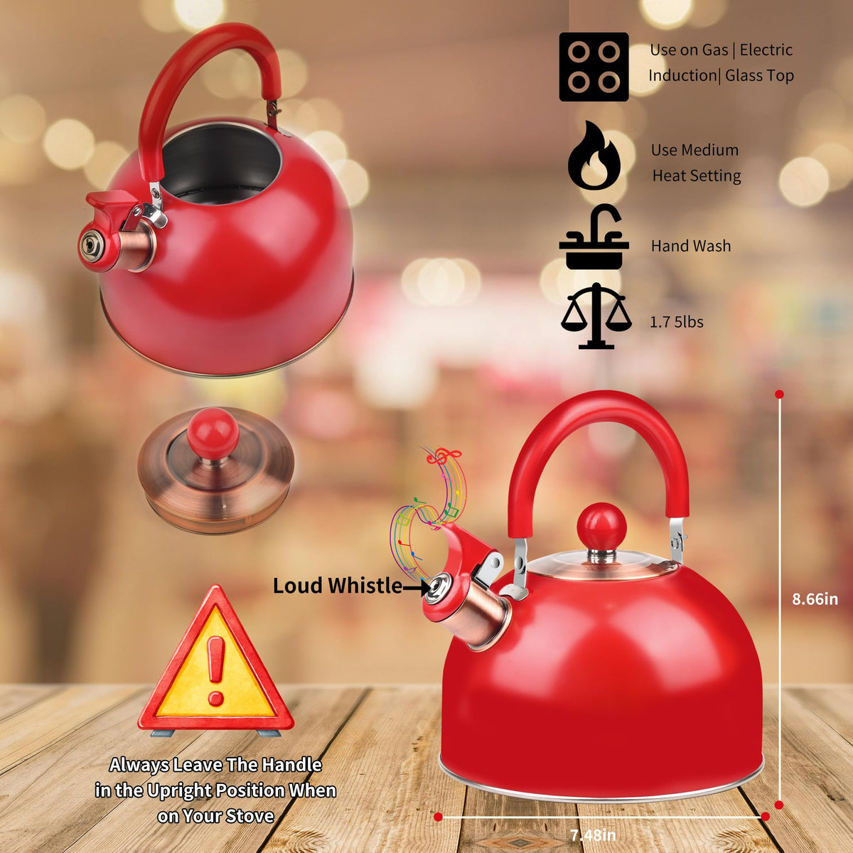 2.6 Quart Yellow Whistling Tea Kettle, Multiple Color Available, Stainless Steel Stovetop Teapot with Cool-Touch Handle, Loud Whistle, Induction Compatible for Gas, Electric & Glass Cooktops