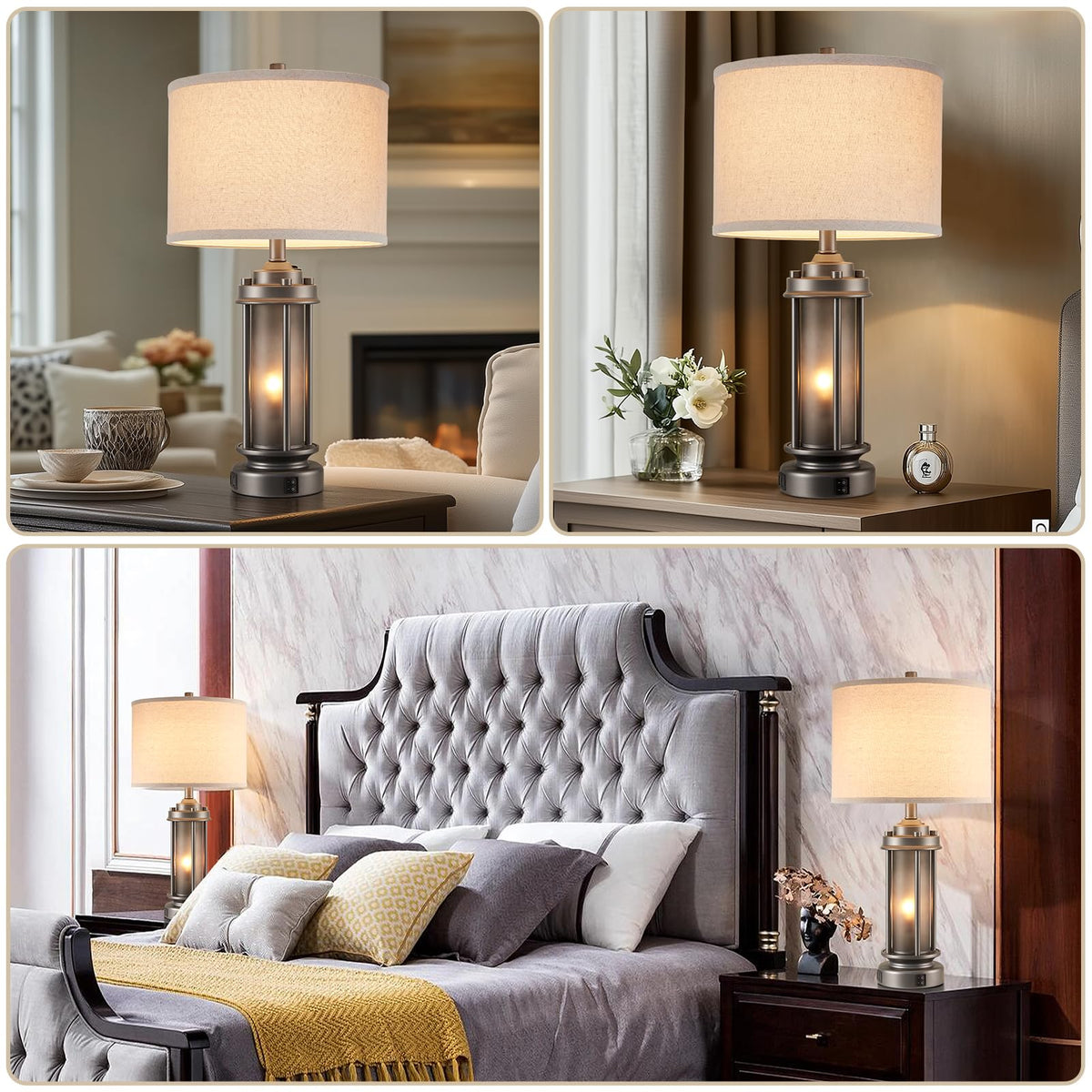 AIEAMPDO 25'' Set of 2 Farmhouse Table Lamps for Living Room with USB C+A