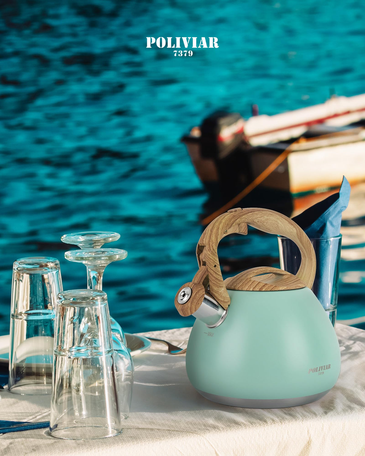 POLIVIAR Tea Kettle, 2.7 Quart Natural Stone Finish with Wood Pattern Handle Loud Whistle Food Grade Stainless Steel Teapot, Anti-Hot Handle and Anti-Rust, Suitable for All Heat Sources (JX2018-GR20)