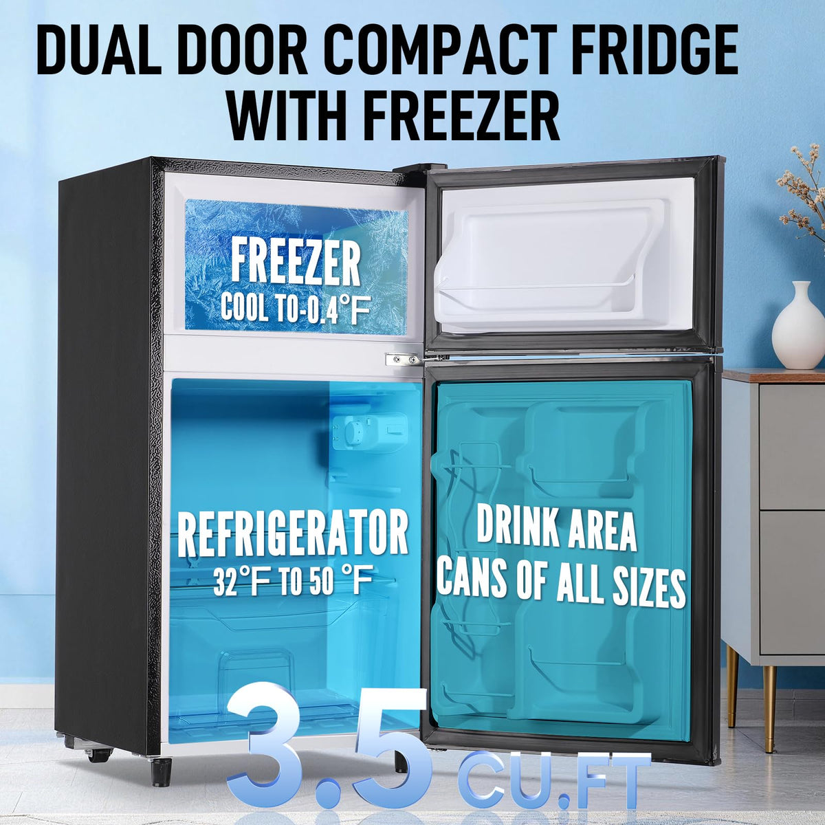 Mini Fridge with Freezer, 3.5 cubic feet 2- Doors Small Refrigerator Features 7 Gear Mechanical Control, Side Bottle Rack, Ideal for Dorm, Kitchen, Apartment, Office, Silver