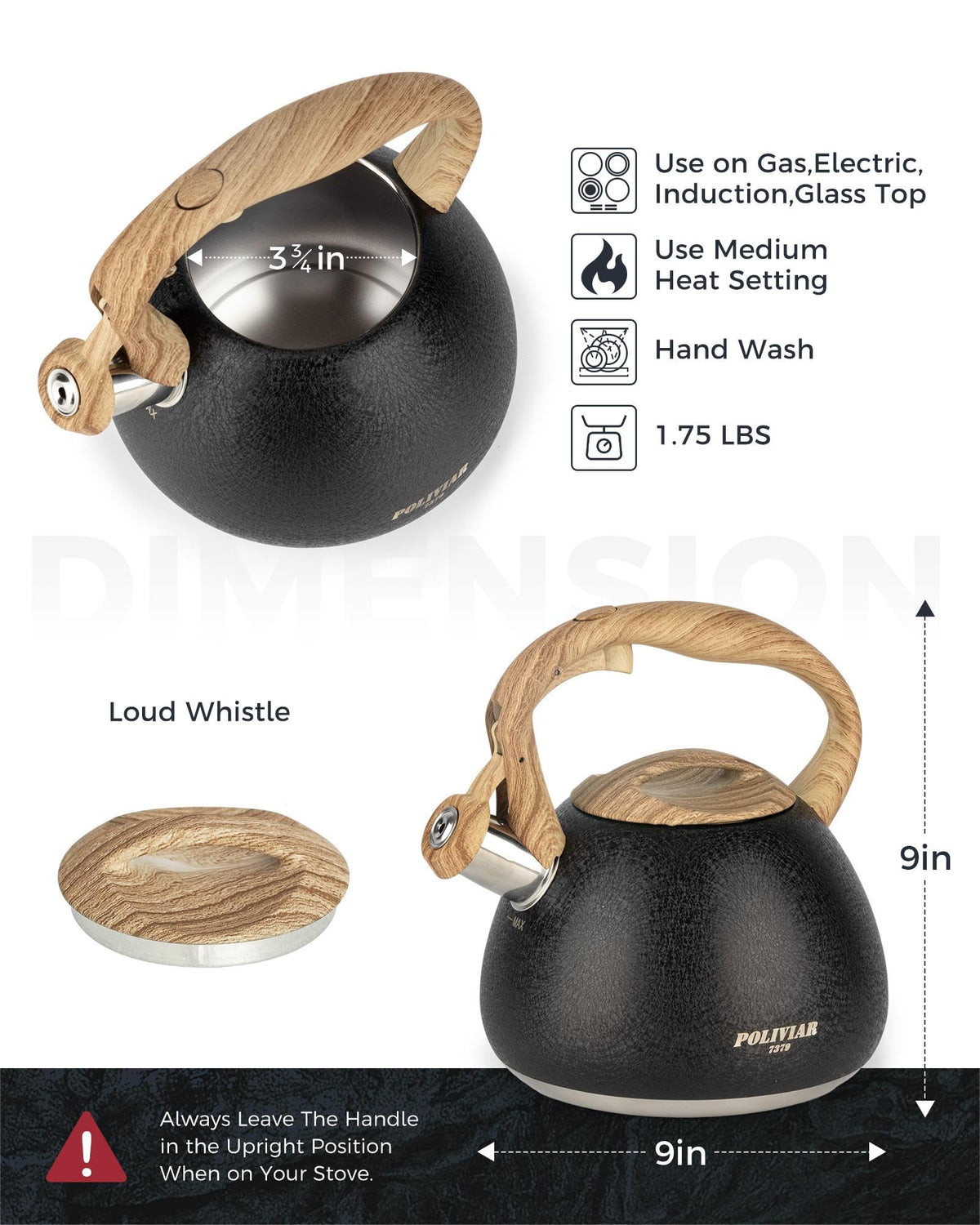 POLIVIAR Tea Kettle, 2.7 Quart Natural Stone Finish with Wood Pattern Handle Loud Whistle Food Grade Stainless Steel Teapot, Anti-Hot Handle and Anti-Rust, Suitable for All Heat Sources (JX2018-GR20)