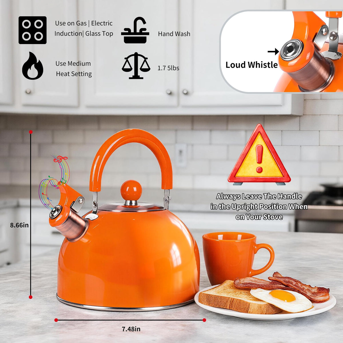 2.6 Quart Yellow Whistling Tea Kettle, Multiple Color Available, Stainless Steel Stovetop Teapot with Cool-Touch Handle, Loud Whistle, Induction Compatible for Gas, Electric & Glass Cooktops
