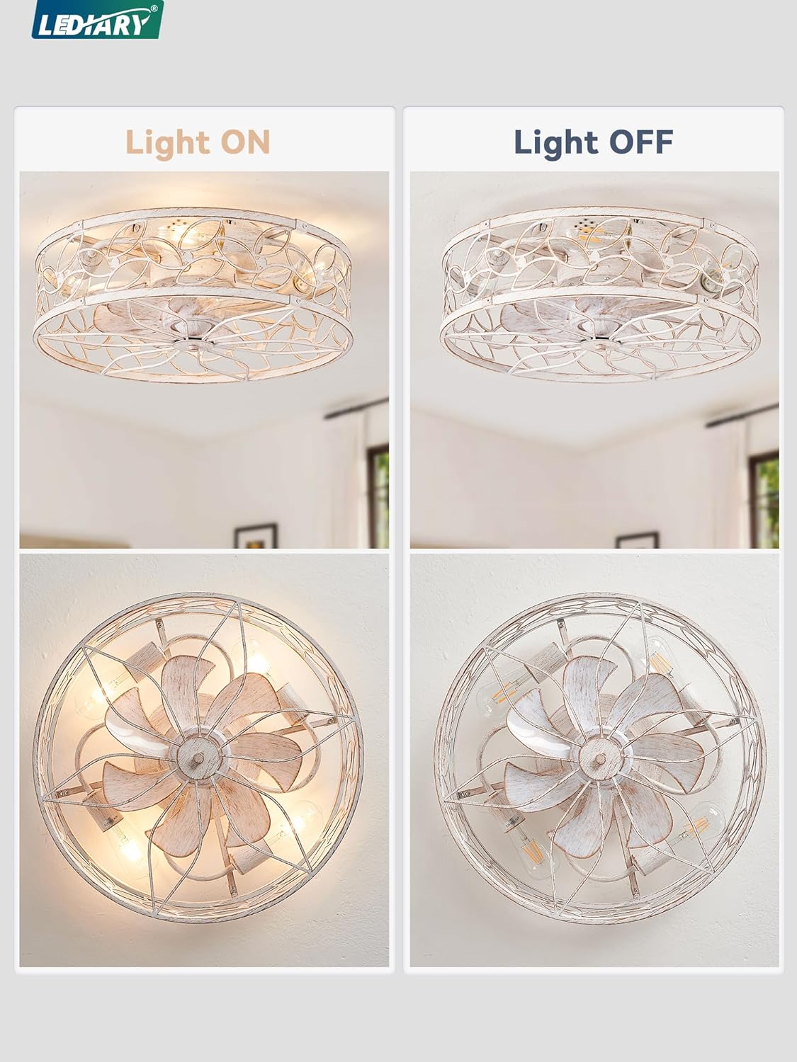 LEDIARY Caged Ceiling Fan with Light, Flush Mount Fandalier with Remote