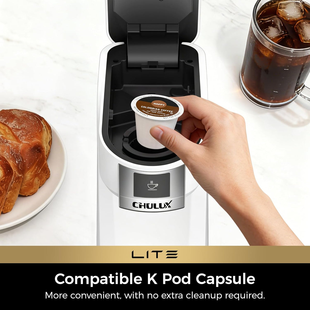CHULUX Lite Single Serve Coffee Maker for K Cup with One Touch Brew, White