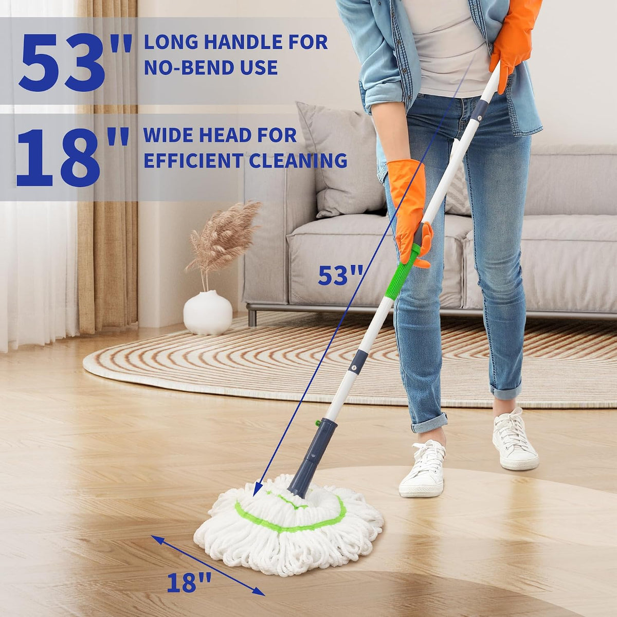 BOOMJOY Twist Mop with Self-Wringing System for Floor Cleaning, Scouring Pad for Stubborn Stains, 53" Long Handle – Ideal for Kitchen, Bathroom & Home Use – Perfect for Pet Owners