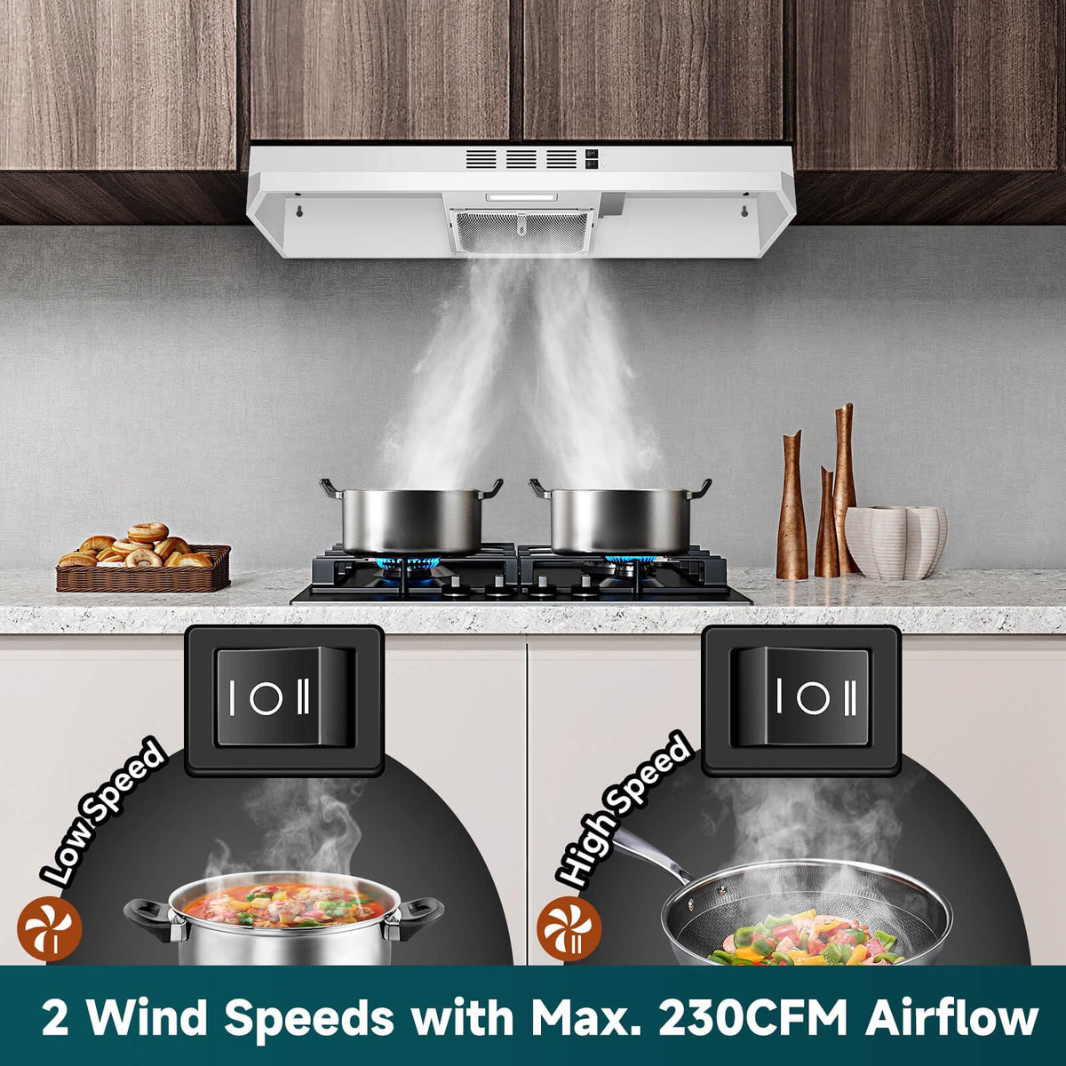 SNDOAS 30 inch Range Hood Ducted/Ductless Convertible Stainless Steel Range Hood Under Cabinet with Rocker Button Control,Vent Hood with LED Light,2 Speed Exhaust Fan,Under Cabinet Hood,Silver