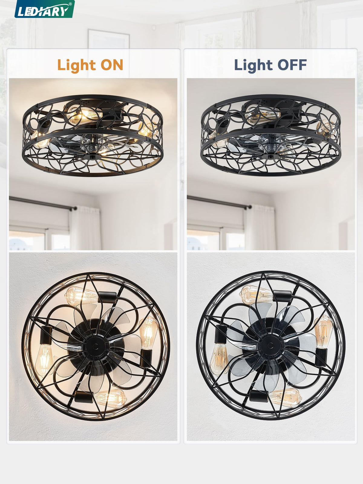 LEDIARY Caged Ceiling Fan with Light, Flush Mount Fandalier with Remote