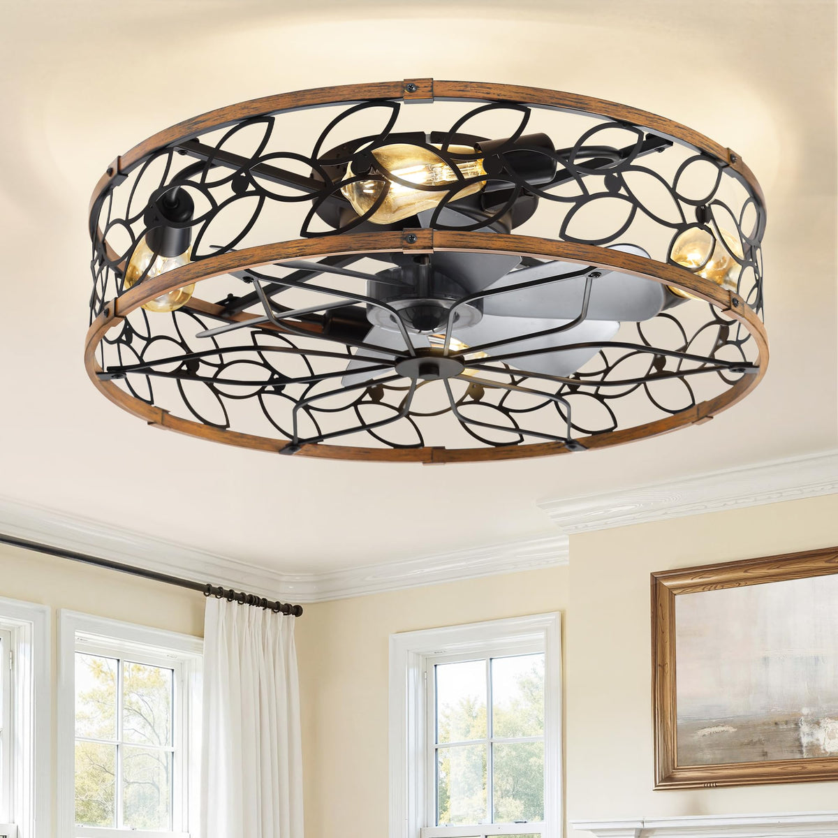 LEDIARY Caged Ceiling Fan with Light, Flush Mount Fandalier with Remote