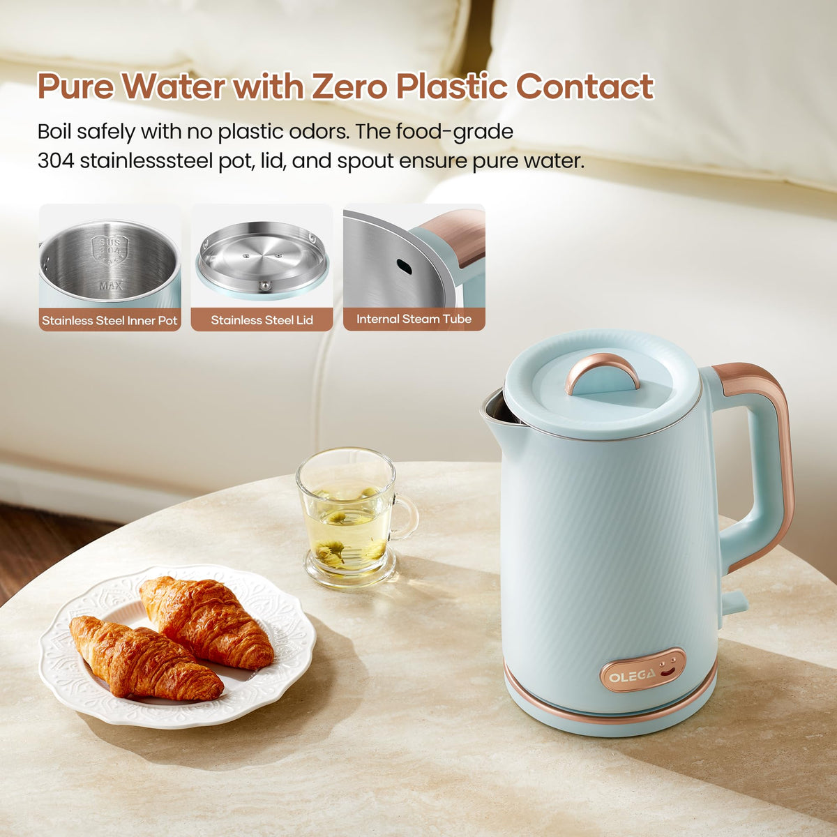 OLEGA Electric Kettle: 1200W Fast Boil Electric Water Kettles, 1.5L Double Wall Stainless Steel Tea Kettle, Auto Shut-Off, BPA-Free Hot Water Boiler Teapot for Coffee & Tea -Ligth Green