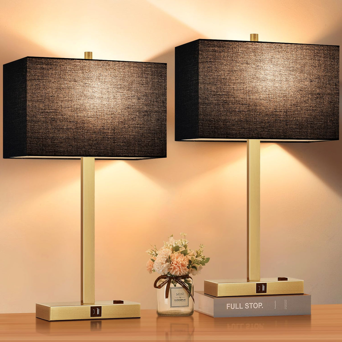 Lynnoland Set of 2 Touch Control Table Lamps with 2 USB & AC Outlet, 3-Way Dimmable Bedside Nightstand Lamps for Bedroom Living Room Nursery, 800 Lumens 5000K Daylight Bulbs Included
