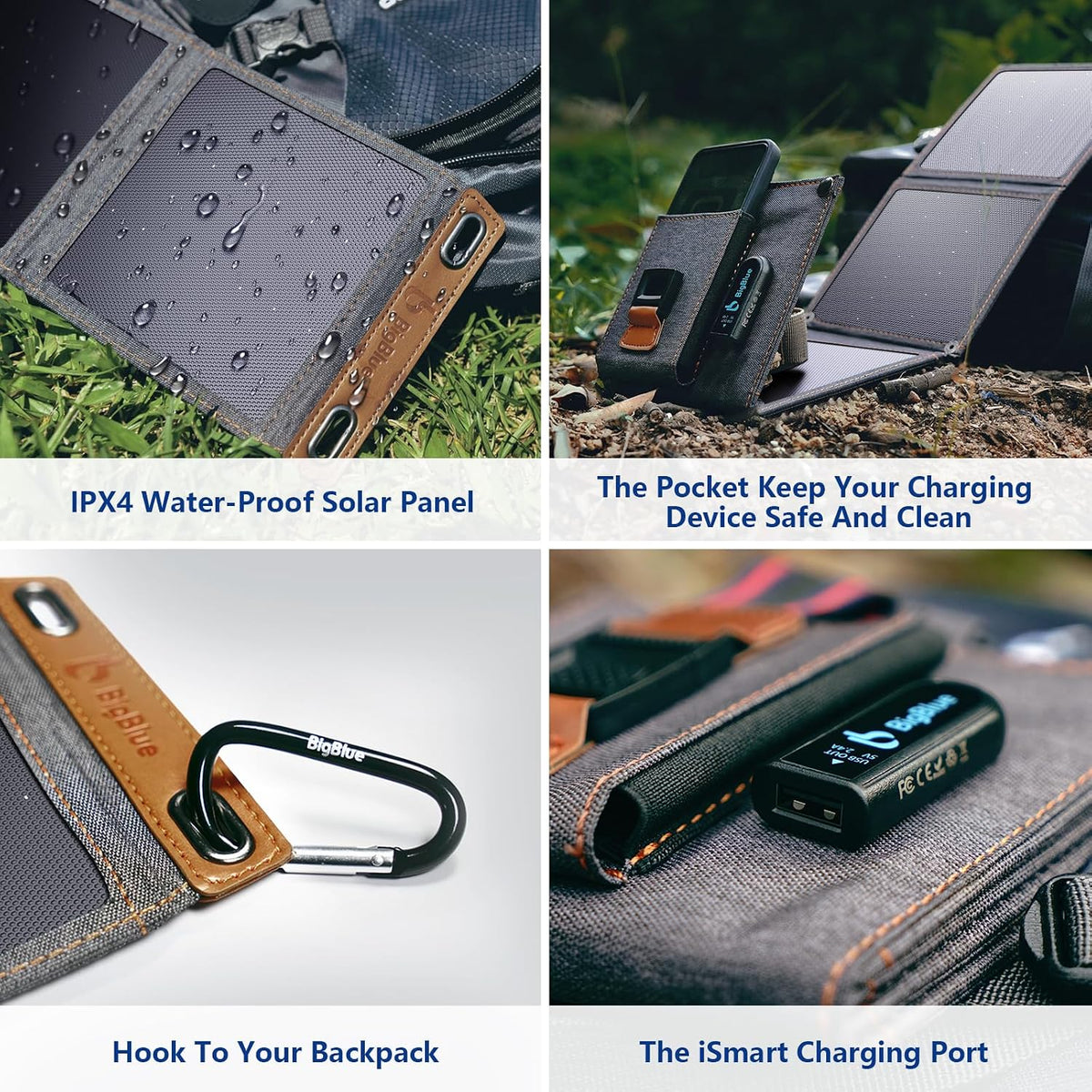 [Upgraded Tiny Solar Charger] BigBlue 14W Solar Panels with USB-A Port(5V/2.4A Max), IPX4 Waterproof, Portable Solar Phone Charger for Hiking, Compatible with iPhone X/8/7, Tablet, Samsung LG etc