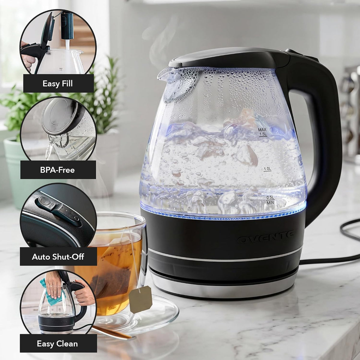 OVENTE 1.5L Glass Electric Kettle Water Boiler, Black KG83B