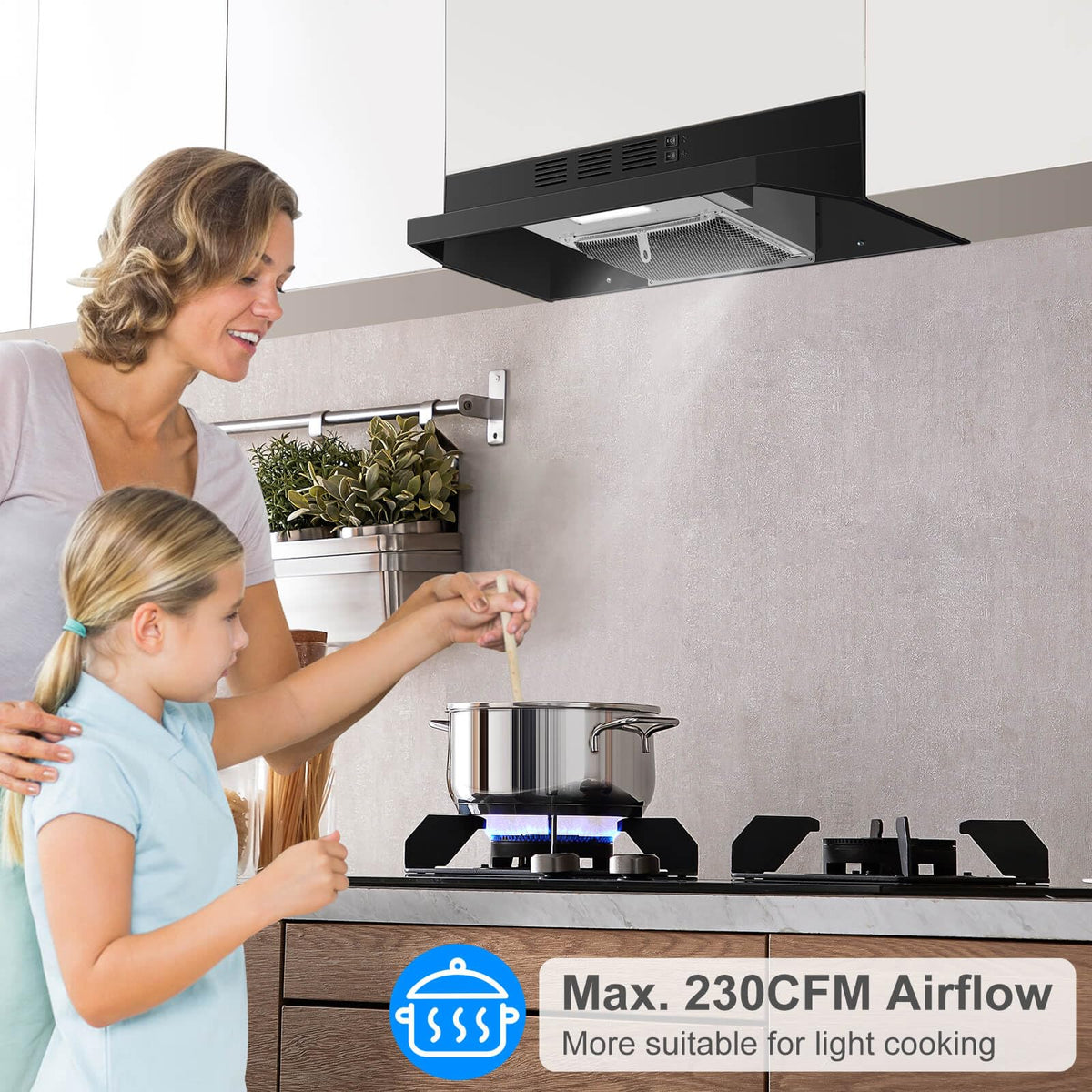 SNDOAS 30 inch Range Hood Ducted/Ductless Convertible Stainless Steel Range Hood Under Cabinet with Rocker Button Control,Vent Hood with LED Light,2 Speed Exhaust Fan,Under Cabinet Hood,Silver