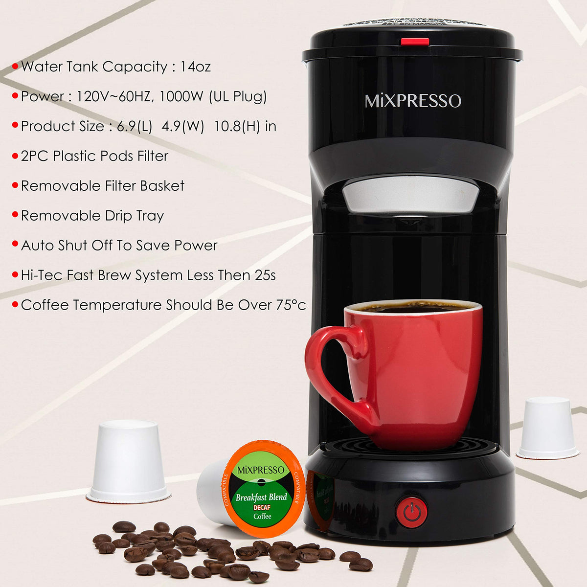 Mixpresso Single Serve Coffee Maker K Cup Coffee Maker for K Pods & Grounds